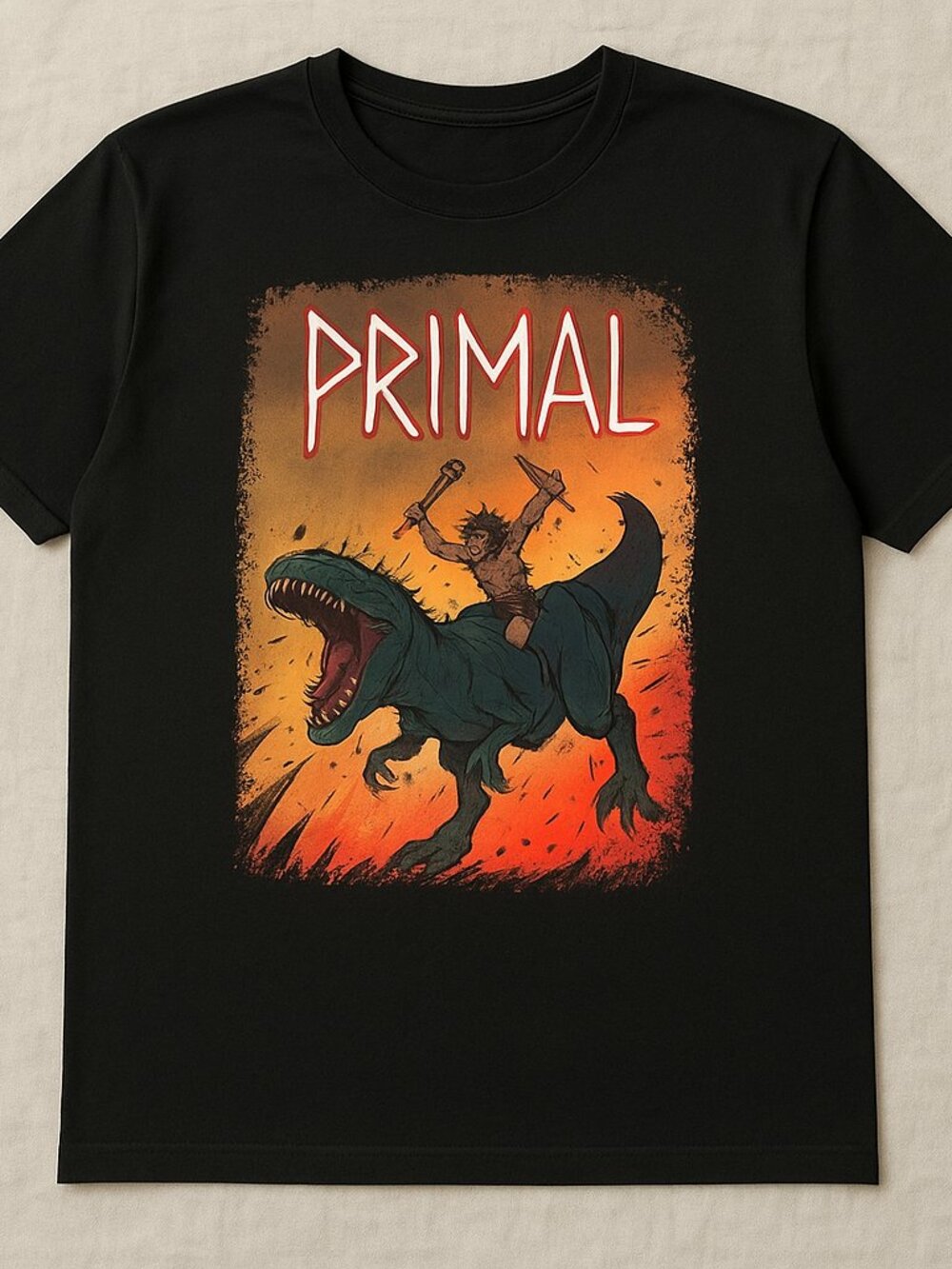 Primal Dinosaur Graphic Tee | Retro T-Rex Rider Black T-Shirt